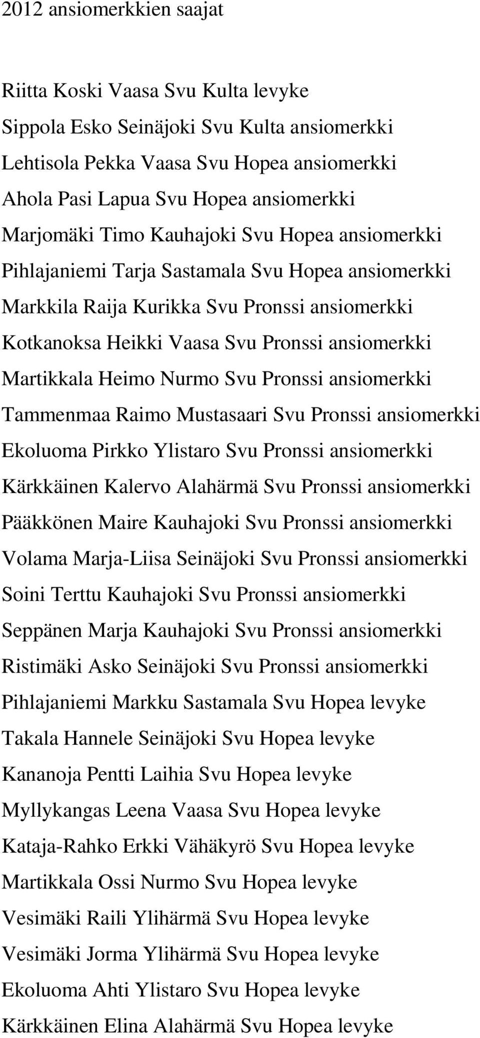 Nurmo Svu Pronssi ansiomerkki Tammenmaa Raimo Mustasaari Svu Pronssi ansiomerkki Ekoluoma Pirkko Ylistaro Svu Pronssi ansiomerkki Kärkkäinen Kalervo Alahärmä Svu Pronssi ansiomerkki Pääkkönen Maire