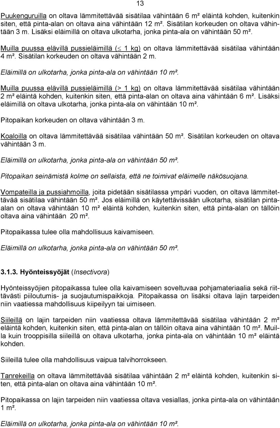 Sisätilan korkeuden on oltava vähintään 2 m. Eläimillä on ulkotarha, jonka pinta-ala on vähintään 10 m².