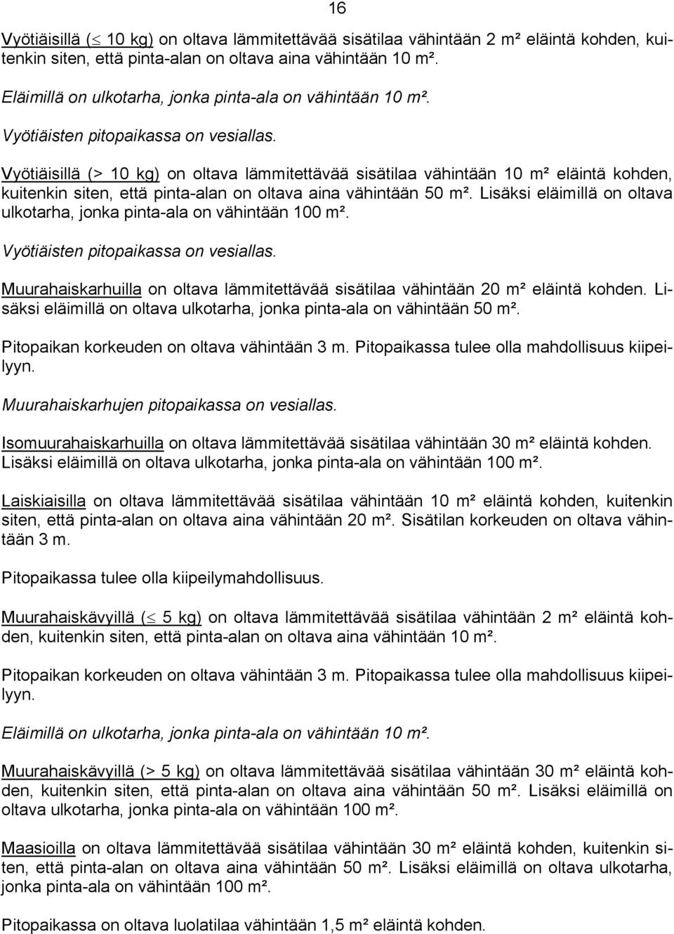 Vyötiäisillä (> 10 kg) on oltava lämmitettävää sisätilaa vähintään 10 m² eläintä kohden, kuitenkin siten, että pinta-alan on oltava aina vähintään 50 m².