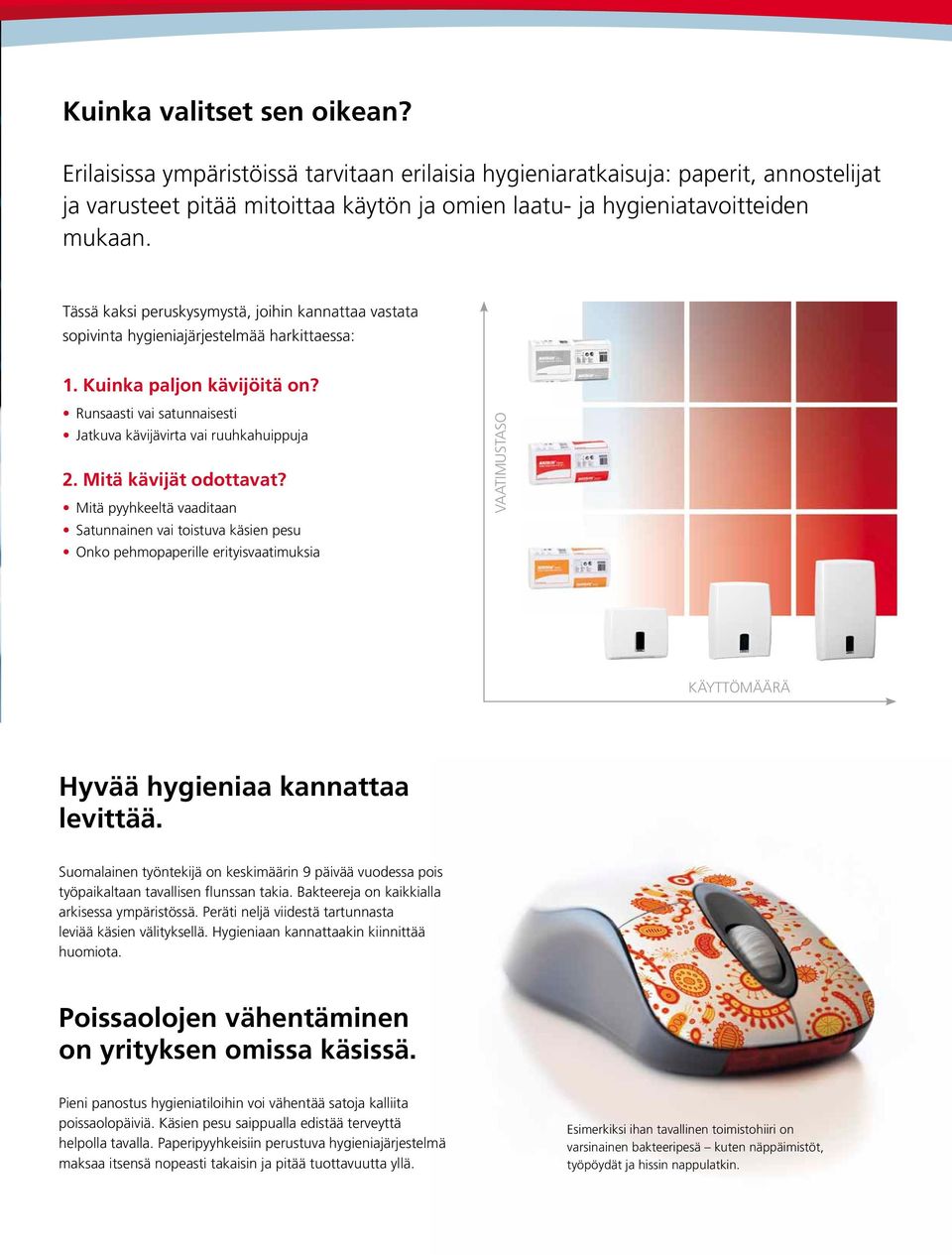 Mitä kävijät odottavat? Mitä pyyhkeeltä vaaditaan Satunnainen vai toistuva käsien pesu Onko pehmopaperille erityisvaatimuksia VAATIMUSTASO KÄYTTÖMÄÄRÄ Hyvää hygieniaa kannattaa levittää.