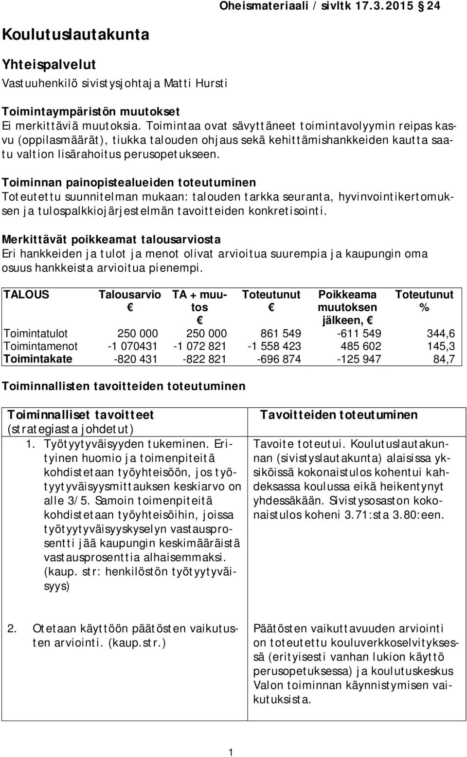 Toiminnan painopistealueiden toteutuminen Toteutettu suunnitelman mukaan: talouden tarkka seuranta, hyvinvointikertomuksen ja tulospalkkiojärjestelmän tavoitteiden konkretisointi.