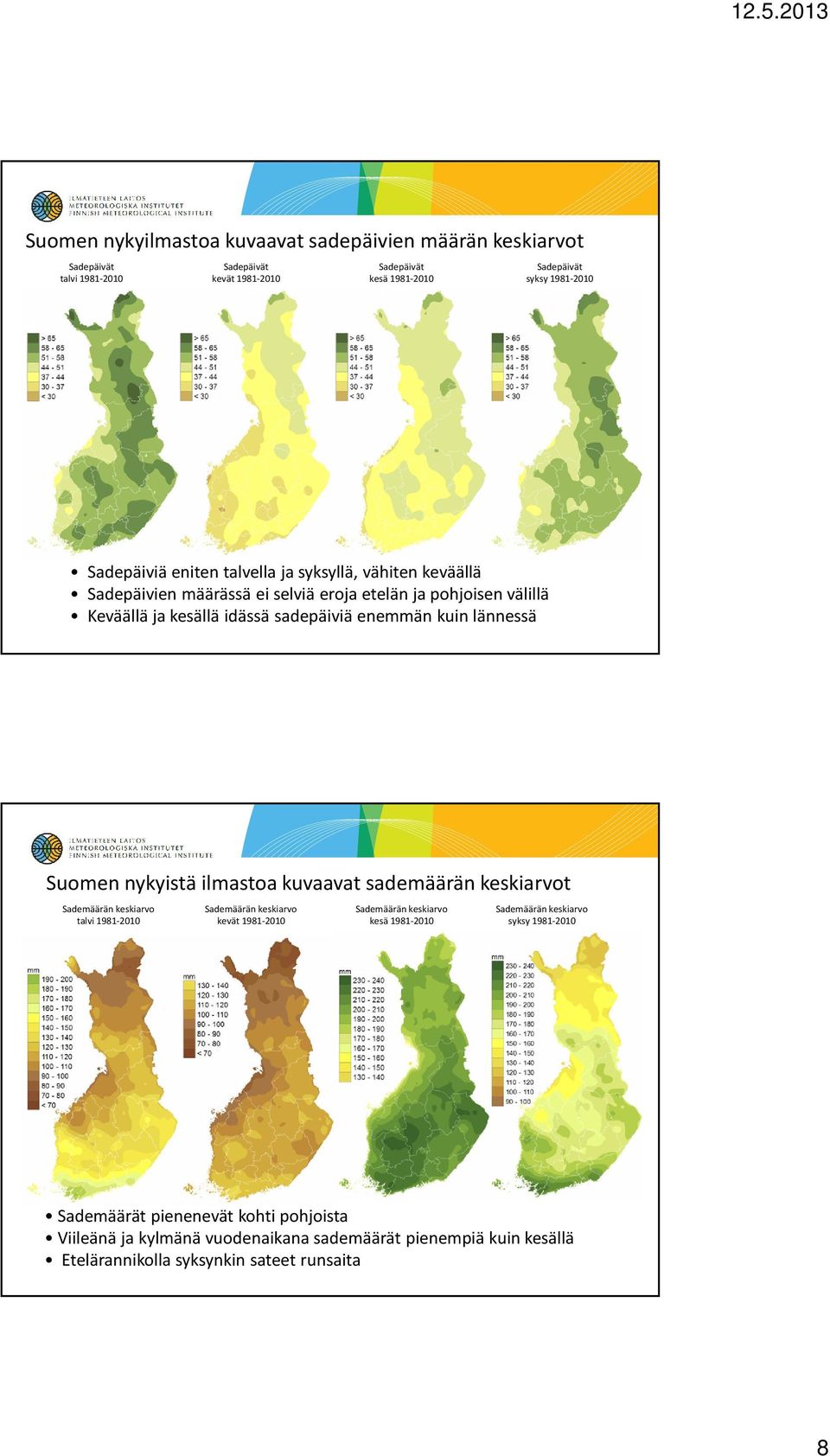 lännessä Suomen nykyistä ilmastoa kuvaavat sademäärän keskiarvot Sademäärän keskiarvo talvi 1981-2010 Sademäärän keskiarvo kevät 1981-2010 Sademäärän keskiarvo kesä 1981-2010