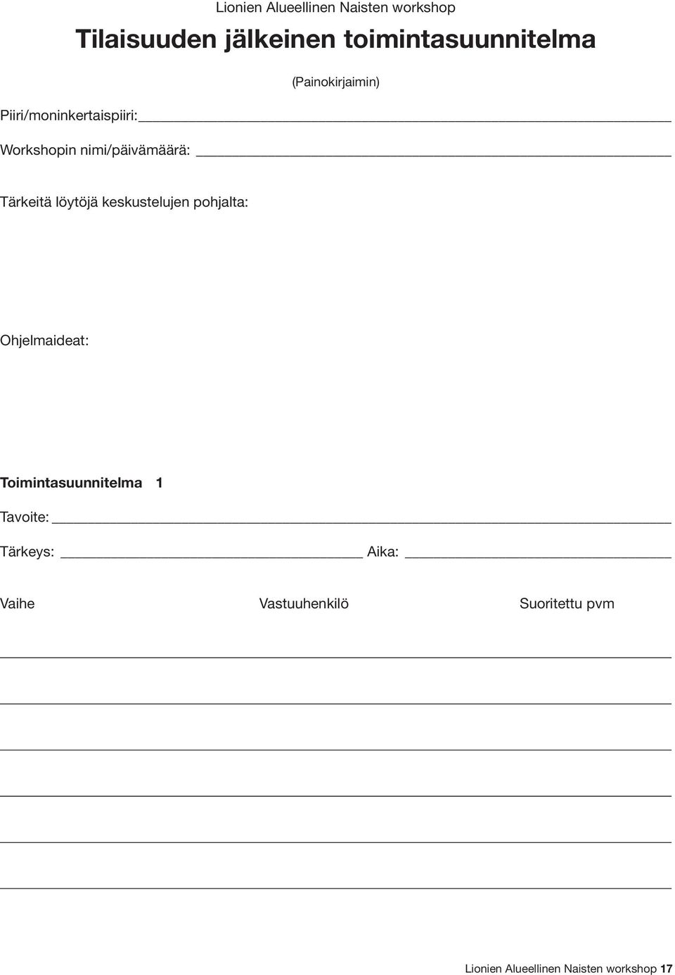 löytöjä keskustelujen pohjalta: Ohjelmaideat: Toimintasuunnitelma 1 Tavoite: