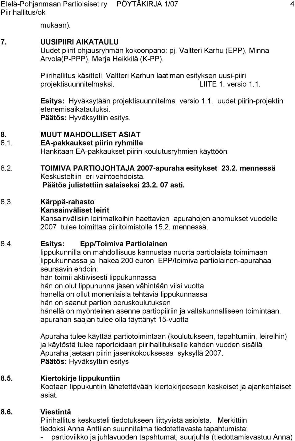 Päätös: Hyväksyttiin esitys. 8. MUUT MAHDOLLISET ASIAT 8.1. EA-pakkaukset piirin ryhmille Hankitaan EA-pakkaukset piirin koulutusryhmien käyttöön. 8.2. TOIMIVA PARTIOJOHTAJA 2007-apuraha esitykset 23.