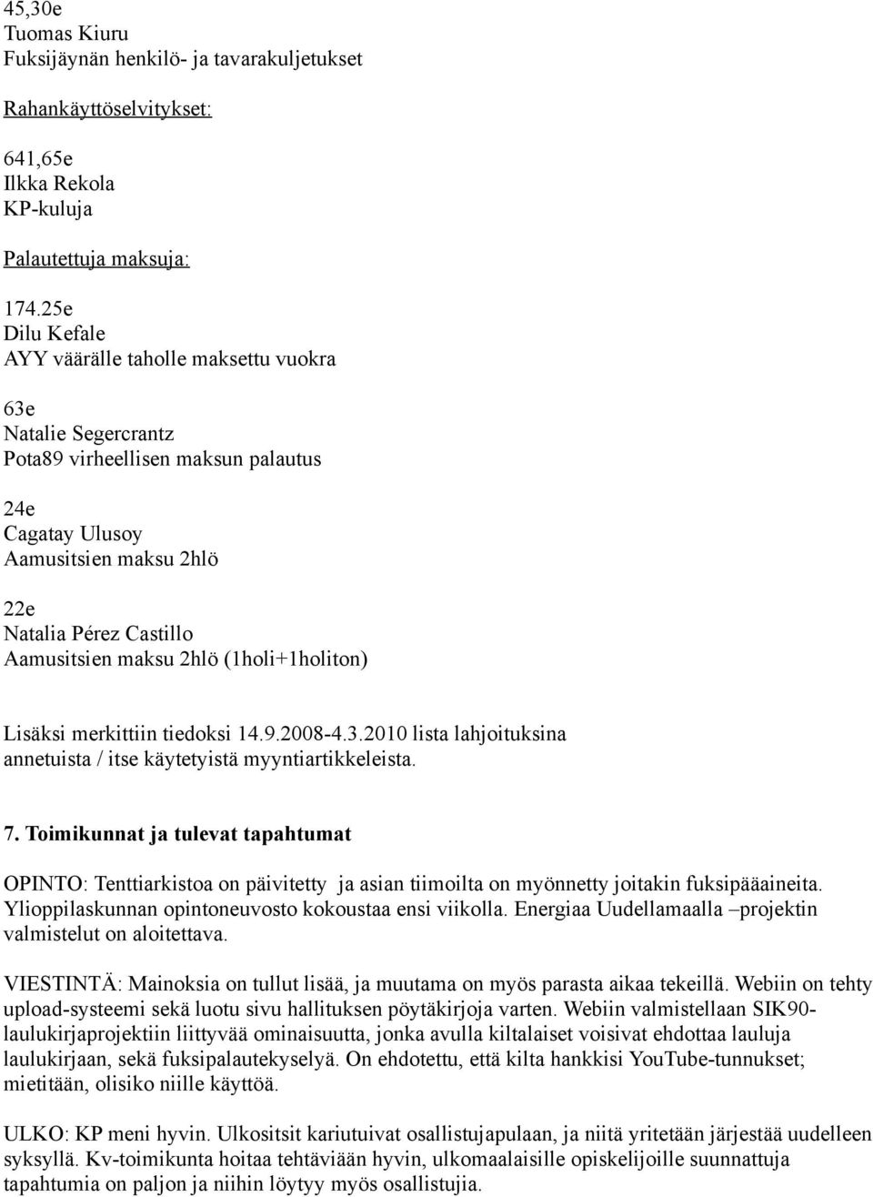 2hlö (1holi+1holiton) Lisäksi merkittiin tiedoksi 14.9.2008-4.3.2010 lista lahjoituksina annetuista / itse käytetyistä myyntiartikkeleista. 7.