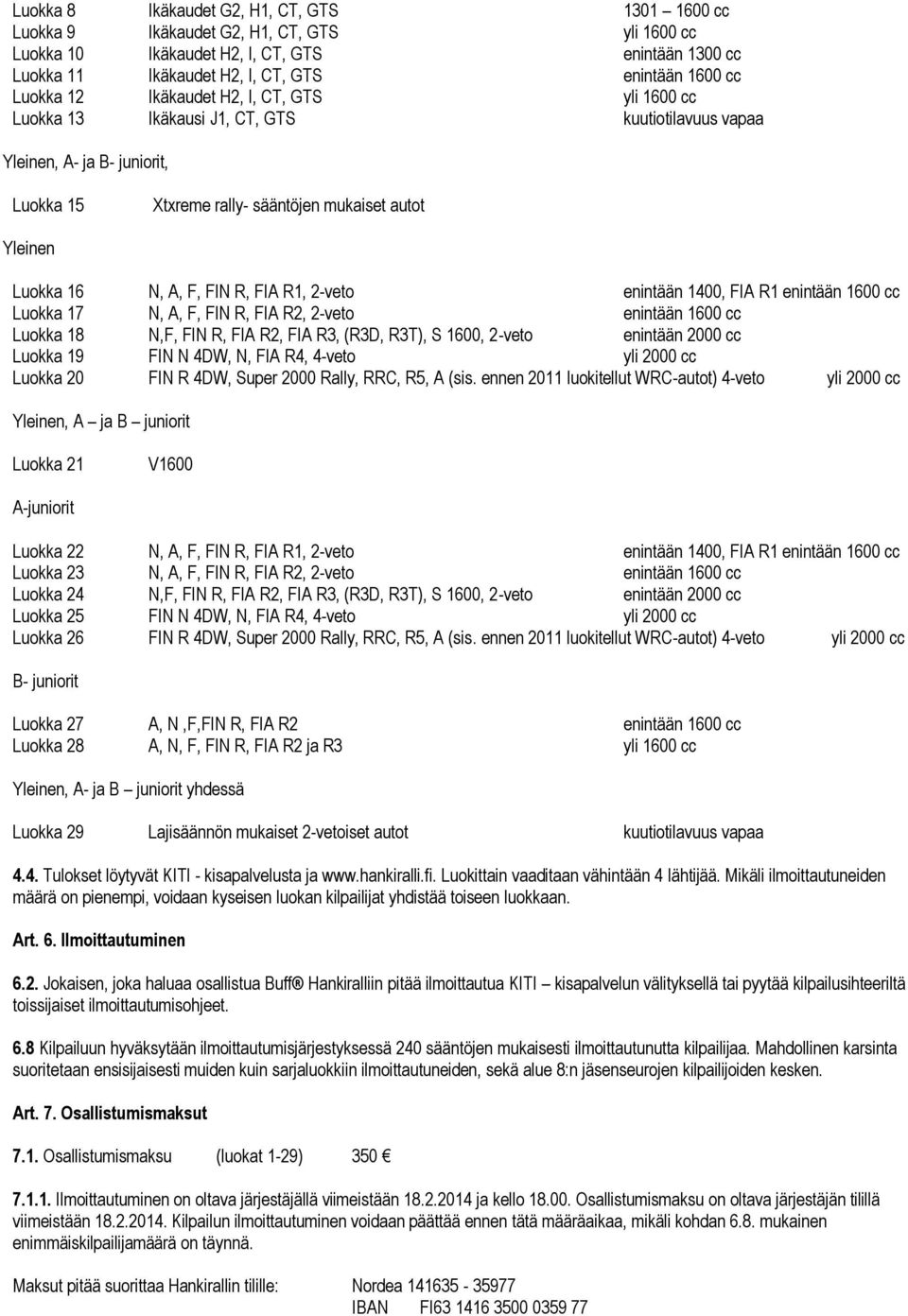 A, F, FIN R, FIA R1, 2-veto enintään 1400, FIA R1 enintään 1600 cc Luokka 17 N, A, F, FIN R, FIA R2, 2-veto enintään 1600 cc Luokka 18 N,F, FIN R, FIA R2, FIA R3, (R3D, R3T), S 1600, 2-veto enintään