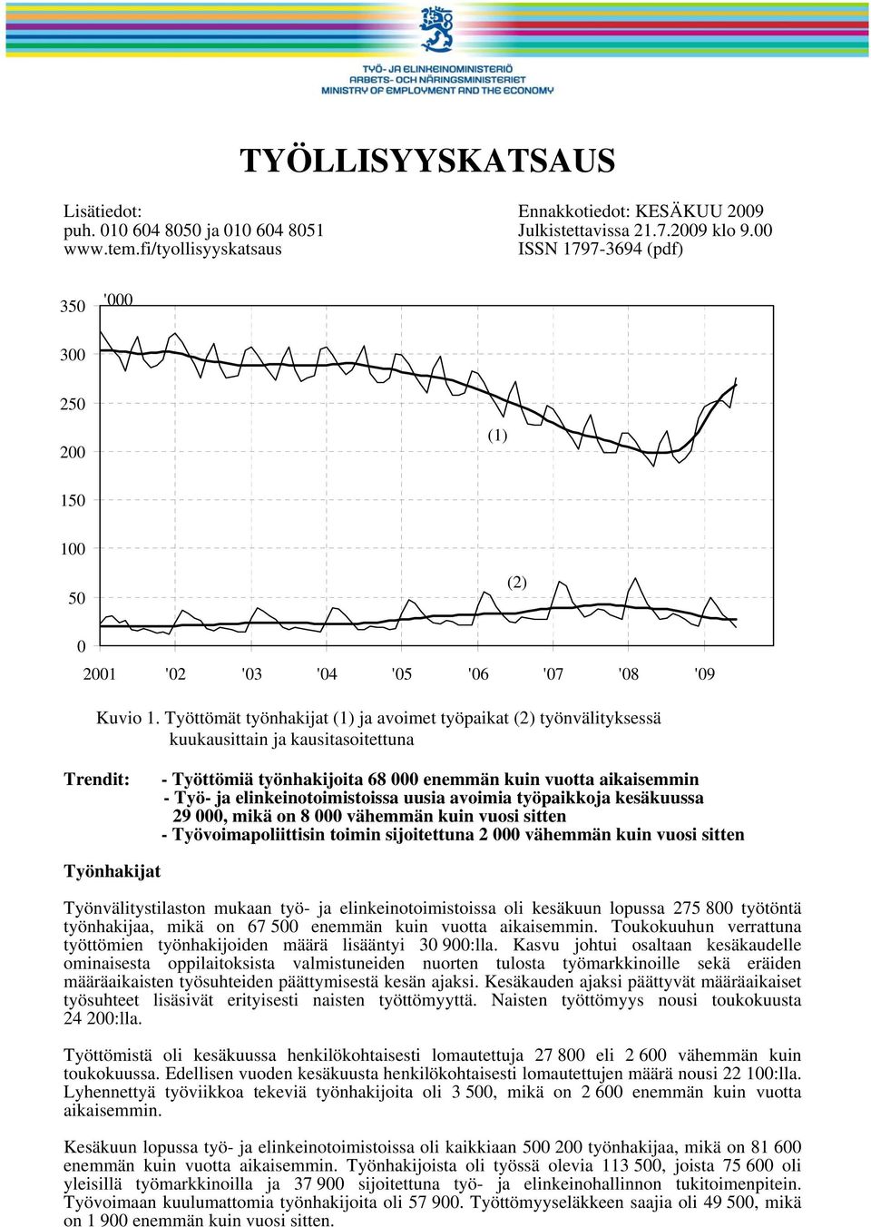 Työttömät työnhakijat (1) ja avoimet työpaikat (2) työnvälityksessä kuukausittain ja kausitasoitettuna Trendit: - Työttömiä työnhakijoita 68 enemmän kuin vuotta aikaisemmin - Työ- ja