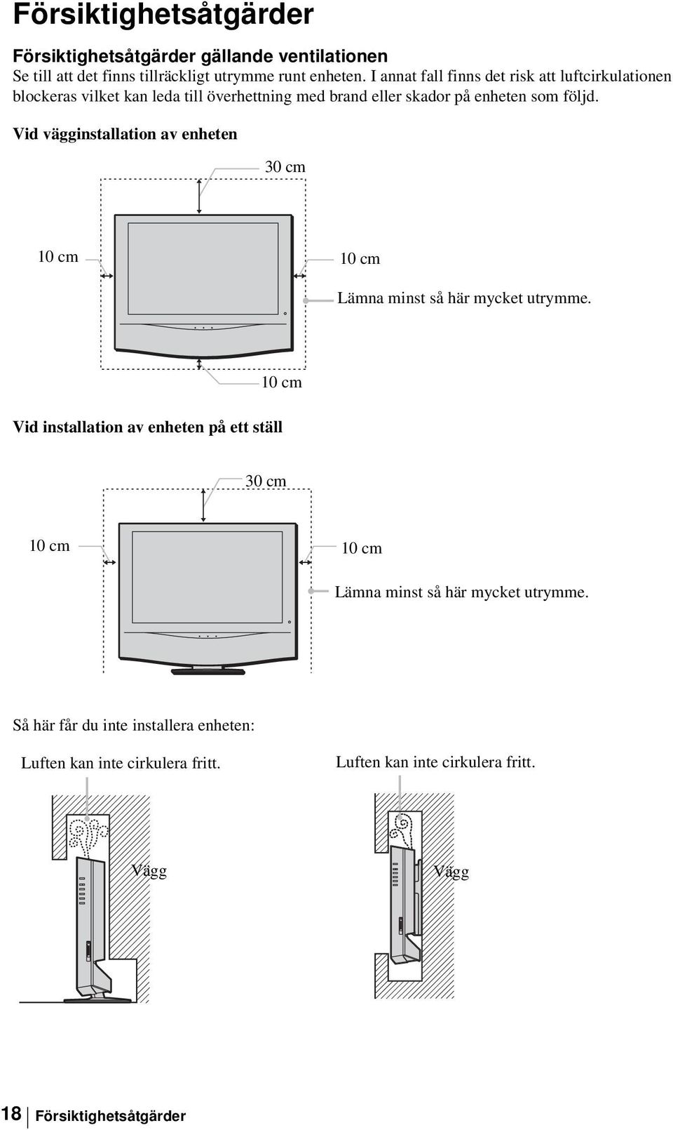 Vid vägginstallation av enheten 30 cm 10 cm 10 cm Lämna minst så här mycket utrymme.