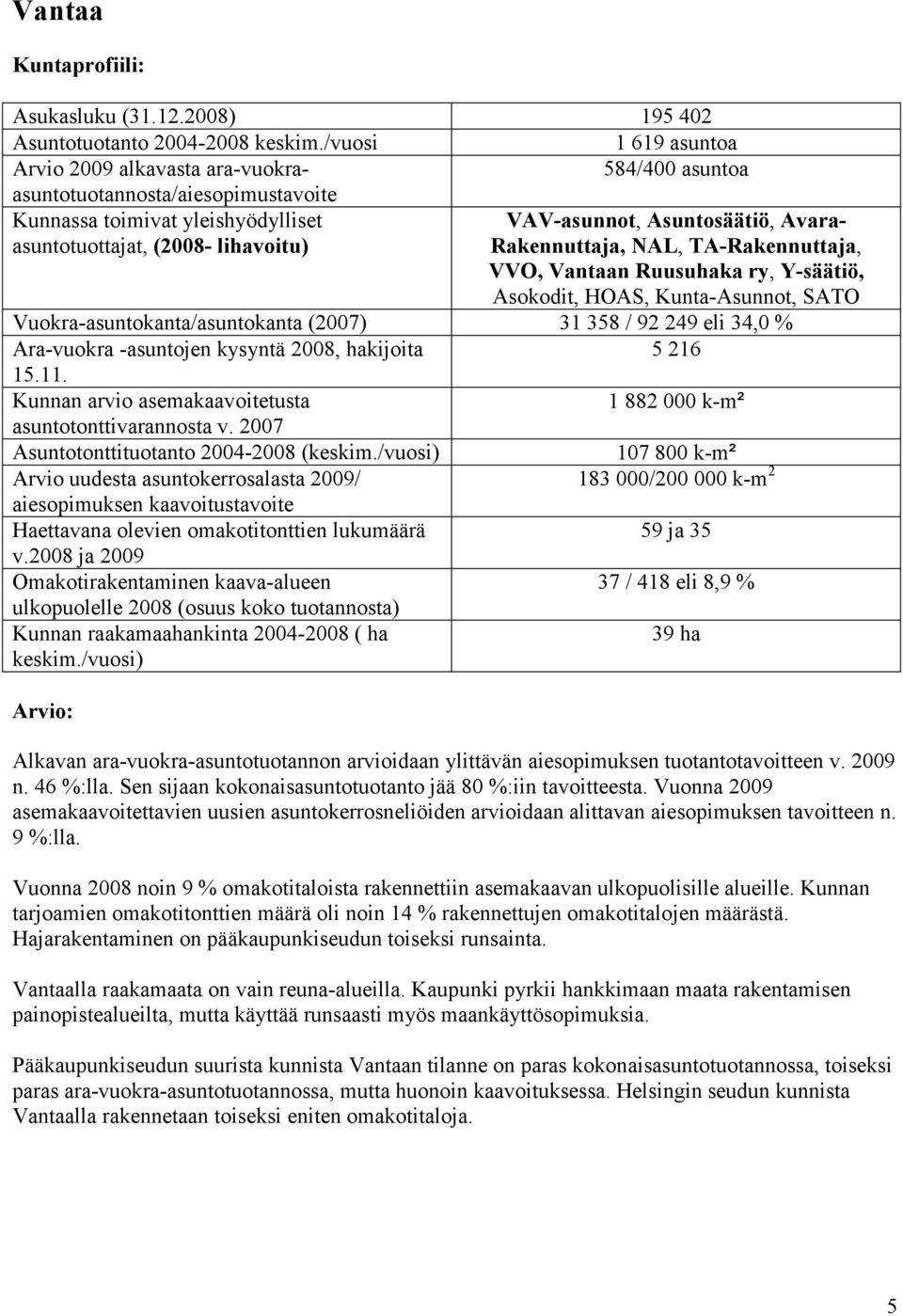 Kunta-Asunnot, SATO Vuokra-asuntokanta/asuntokanta (2007) 31 358 / 92 249 eli 34,0 % Ara-vuokra -asuntojen kysyntä 2008, hakijoita 5 216 1 882 000 k-m² 107 800 k-m² 183 000/200 000 k-m 2 59 ja 35 37