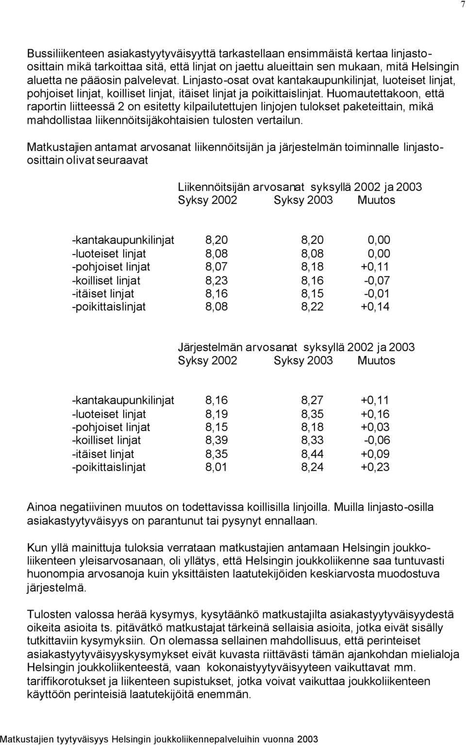 Huomautettakoon, että raportin liitteessä 2 on esitetty kilpailutettujen linjojen tulokset paketeittain, mikä mahdollistaa liikennöitsijäkohtaisien tulosten vertailun.