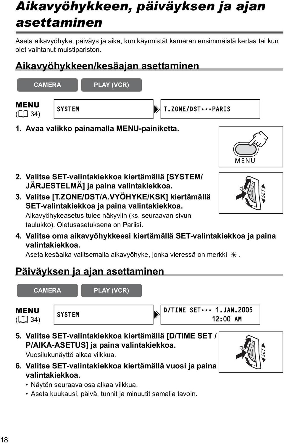 Valitse SET-valintakiekkoa kiertämällä [SYSTEM/ JÄRJESTELMÄ] ja paina valintakiekkoa. 3. Valitse [T.ZONE/DST/A.VYÖHYKE/KSK] kiertämällä SET-valintakiekkoa ja paina valintakiekkoa.