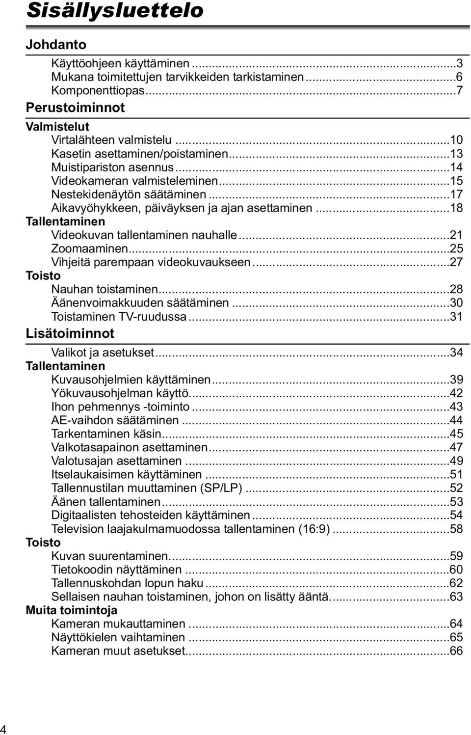 ..18 Tallentaminen Videokuvan tallentaminen nauhalle...21 Zoomaaminen...25 Vihjeitä parempaan videokuvaukseen...27 Toisto Nauhan toistaminen...28 Äänenvoimakkuuden säätäminen.