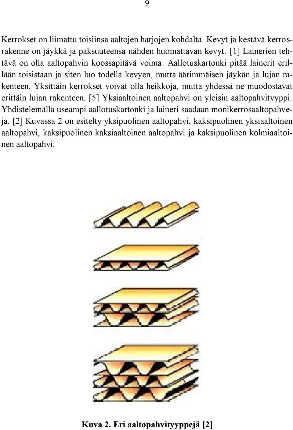 Yksittäin kerrokset voivat olla heikkoja, mutta yhdessä ne muodostavat erittäin lujan rakenteen. [5] Yksiaaltoinen aaltopahvi on yleisin aaltopahvityyppi.