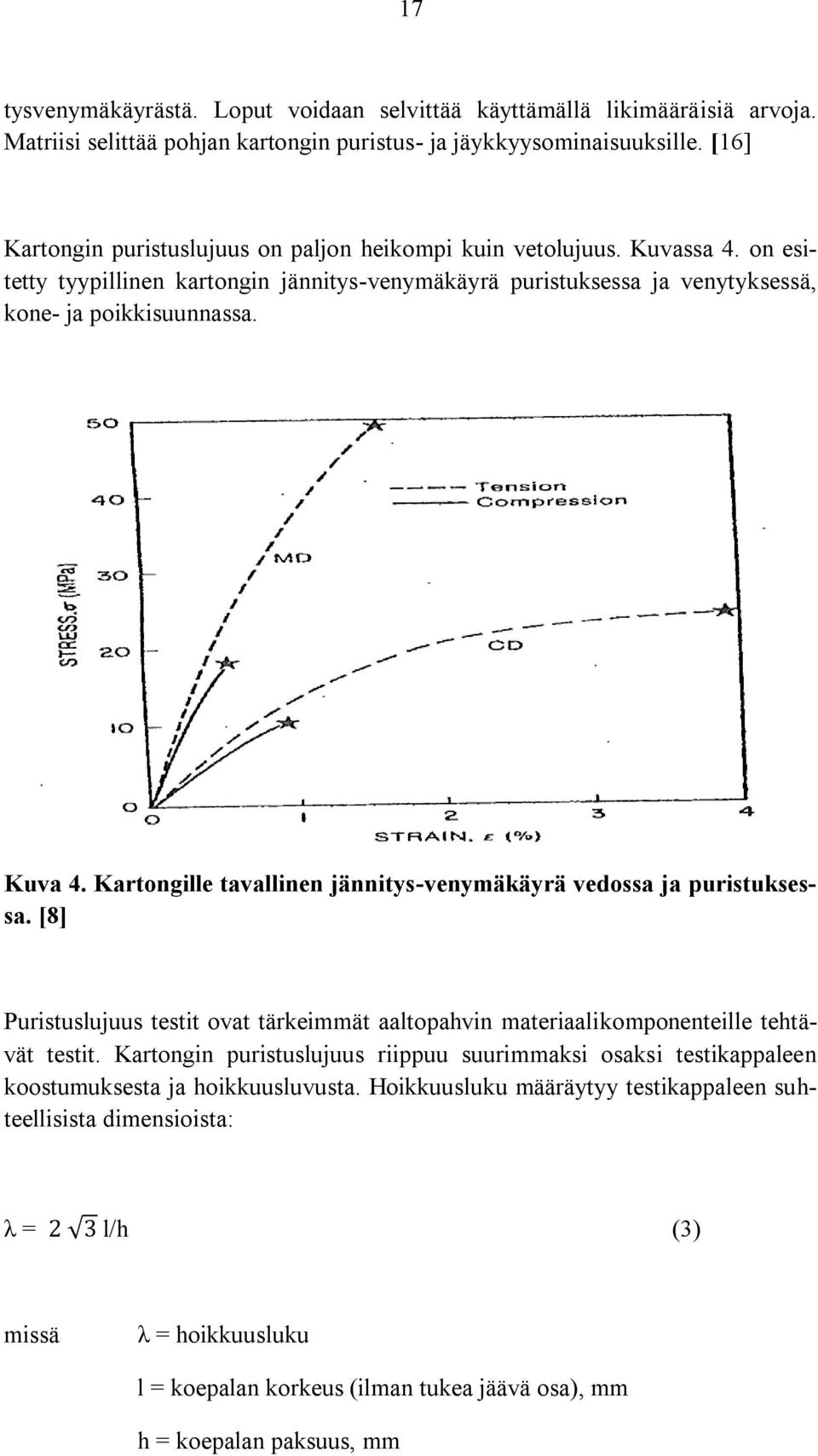 Kartongille tavallinen jännitys-venymäkäyrä vedossa ja puristuksessa. [8] Puristuslujuus testit ovat tärkeimmät aaltopahvin materiaalikomponenteille tehtävät testit.