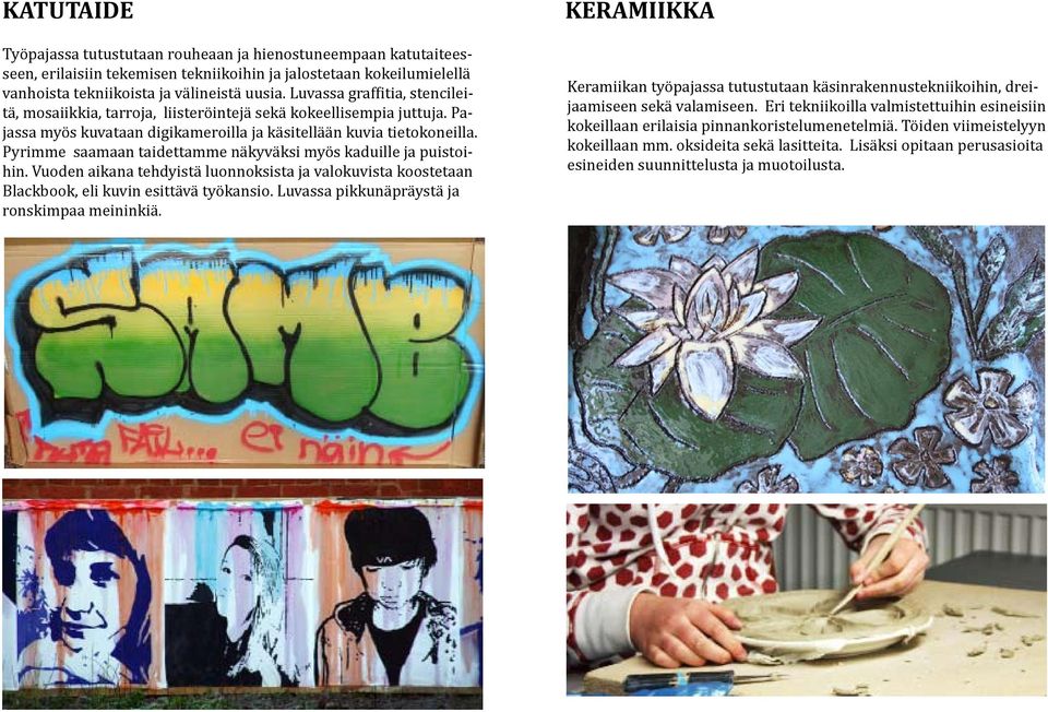 Pyrimme saamaan taidettamme näkyväksi myös kaduille ja puistoihin. Vuoden aikana tehdyistä luonnoksista ja valokuvista koostetaan Blackbook, eli kuvin esittävä työkansio.