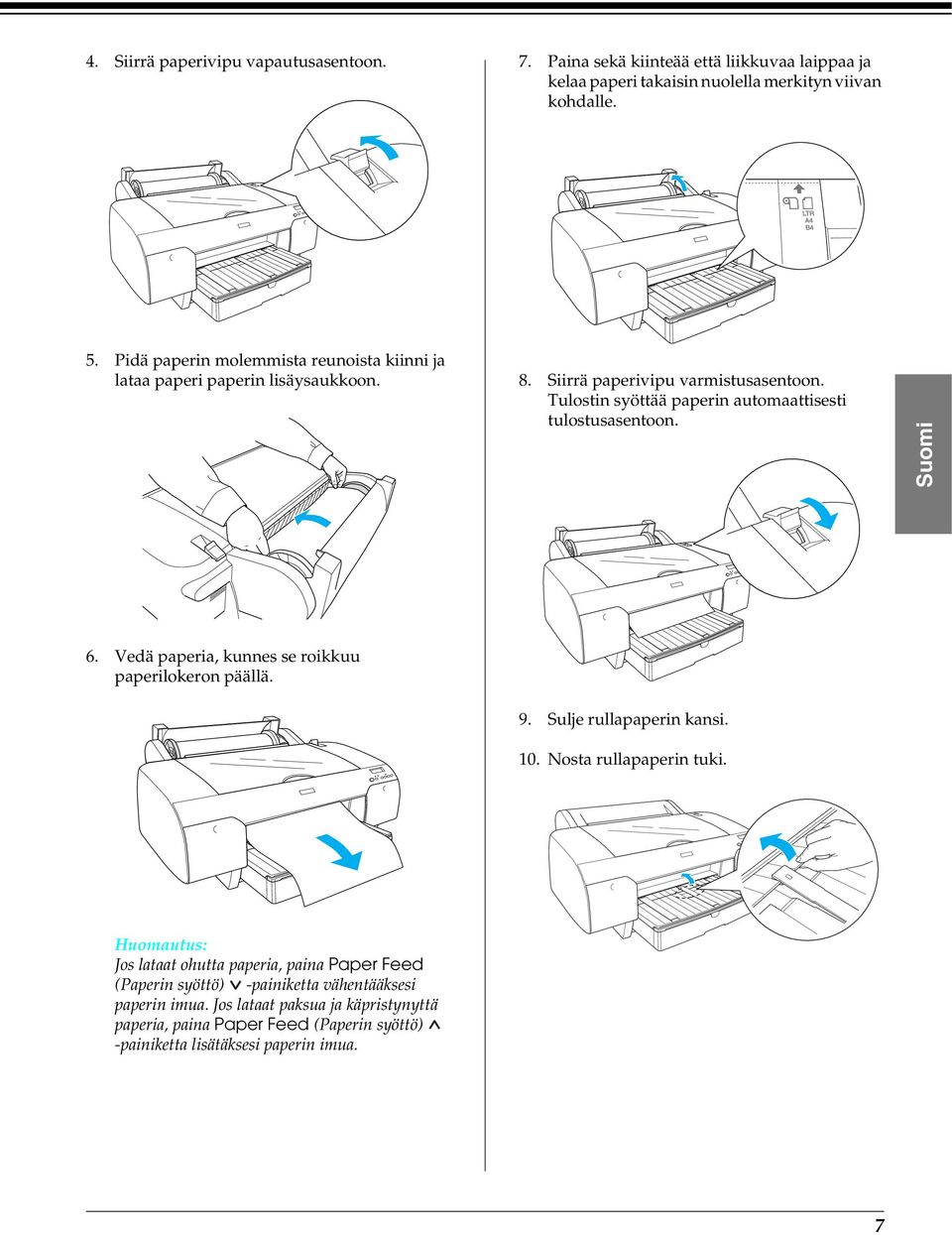 Tulostin syöttää paperin automaattisesti tulostusasentoon. Suomi 6. Vedä paperia, kunnes se roikkuu paperilokeron päällä. 9. Sulje rullapaperin kansi. 10.