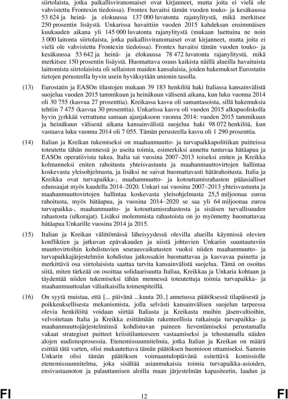 Unkarissa havaittiin vuoden 2015 kahdeksan ensimmäisen kuukauden aikana yli 145 000 luvatonta rajanylitystä (mukaan luettuina ne noin 3 000 laitonta  Frontex havaitsi tämän vuoden touko- ja