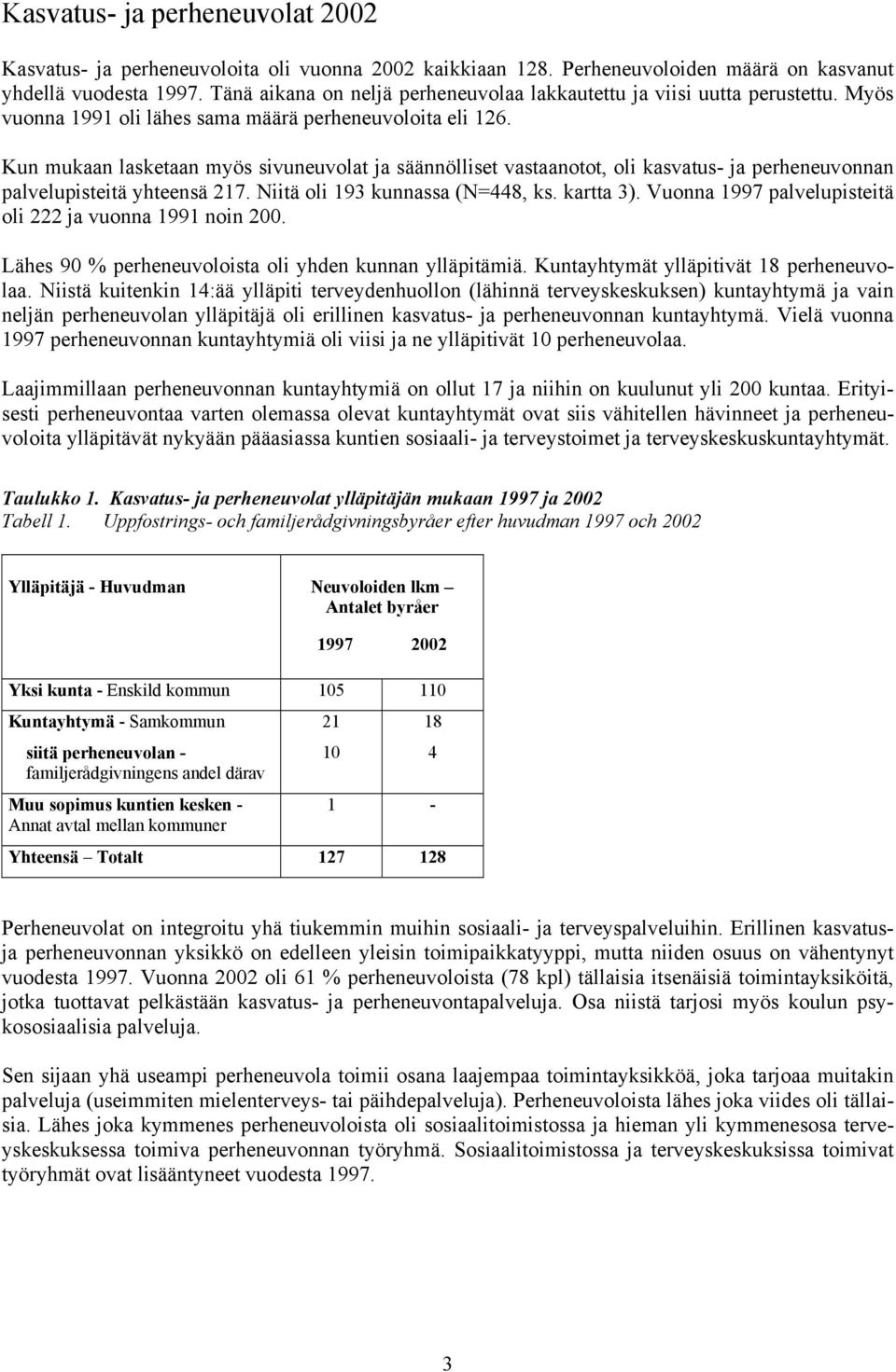 Kun mukaan lasketaan myös sivuneuvolat ja säännölliset vastaanotot, oli kasvatus- ja perheneuvonnan palvelupisteitä yhteensä 217. Niitä oli 193 kunnassa (N=448, ks. kartta 3).