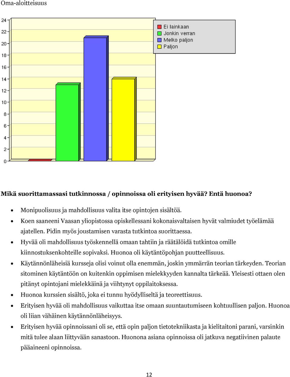 Hyvää oli mahdollisuus työskennellä omaan tahtiin ja räätälöidä tutkintoa omille kiinnostuksenkohteille sopivaksi. Huonoa oli käytäntöpohjan puutteellisuus.