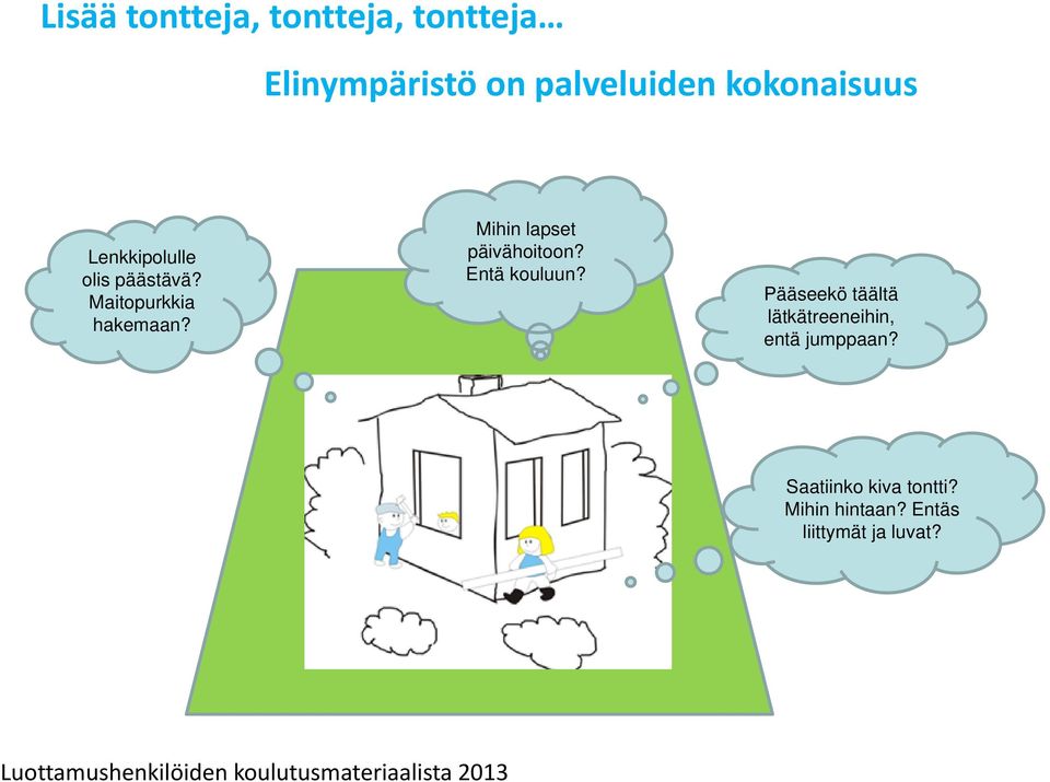 Entä kouluun? Pääseekö täältä lätkätreeneihin, entä jumppaan? Saatiinko kiva tontti?