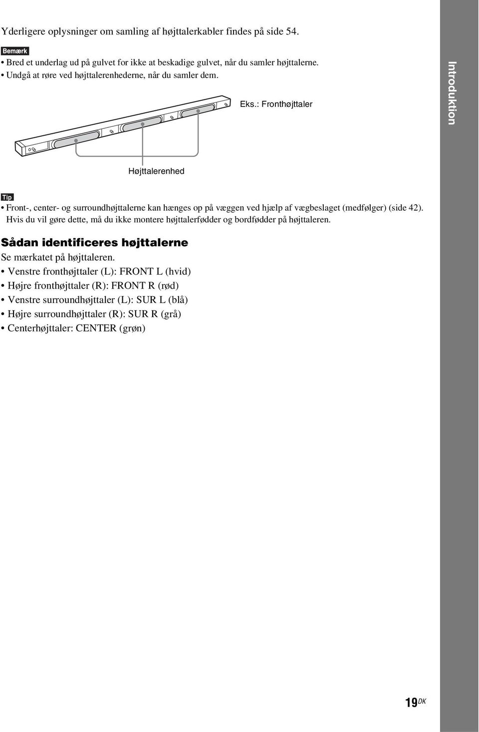 : Fronthøjttaler Introduktion Højttalerenhed Tip Front-, center- og surroundhøjttalerne kan hænges op på væggen ved hjælp af vægbeslaget (medfølger) (side 42).