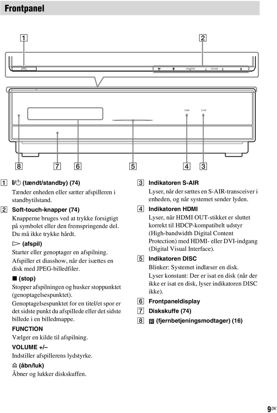 Afspiller et diasshow, når der isættes en disk med JPEG-billedfiler. x (stop) Stopper afspilningen og husker stoppunktet (genoptagelsespunktet).