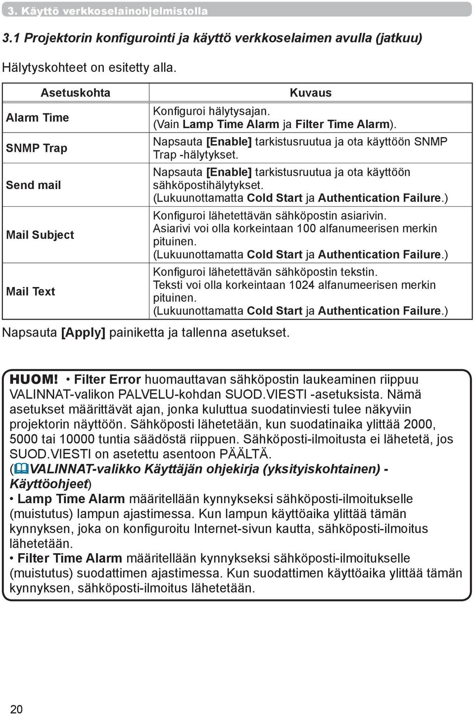 Napsauta [Enable] tarkistusruutua ja ota käyttöön sähköpostihälytykset. (Lukuunottamatta Cold Start ja Authentication Failure.) Konfiguroi lähetettävän sähköpostin asiarivin.