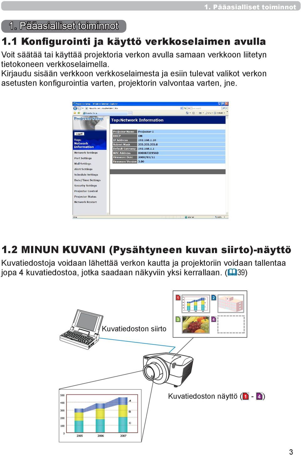 1 Konfigurointi ja käyttö verkkoselaimen avulla Voit säätää tai käyttää projektoria verkon avulla samaan verkkoon liitetyn tietokoneen