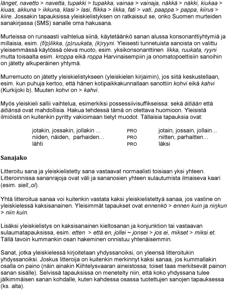 Murteissa on runsaasti vaihtelua siinä, käytetäänkö sanan alussa konsonanttiyhtymiä ja millaisia, esim. (f/p)likka, (p)ruukata, (k)ryyni.