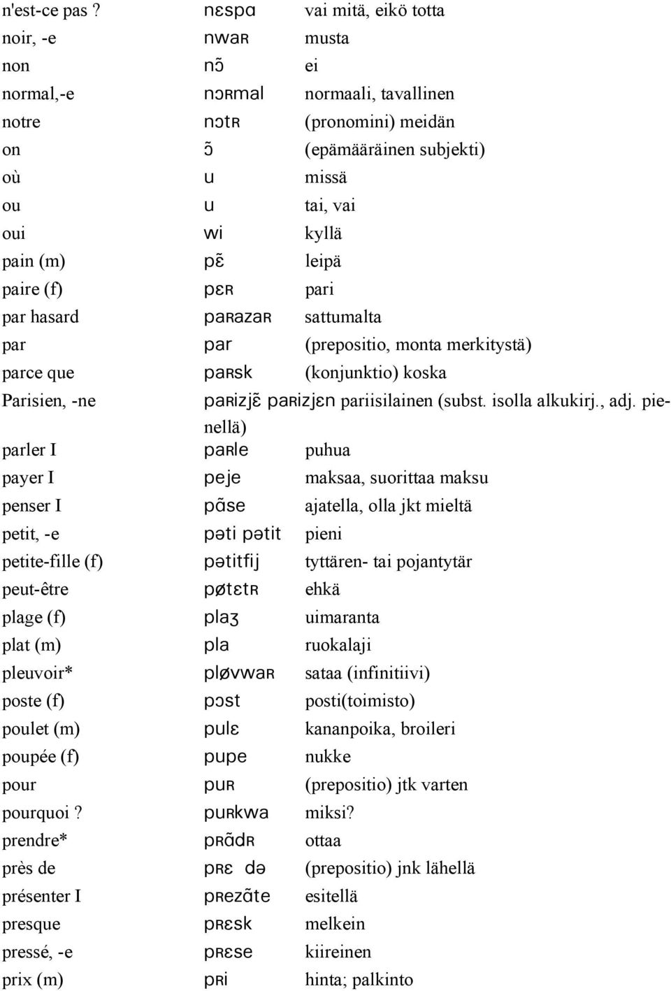 (m) pe) leipä paire (f) pe{ pari par hasard pa{aza{ sattumalta par par (prepositio, monta merkitystä) parce que pa{sk (konjunktio) koska Parisien, -ne pa{izje) pa{izjen pariisilainen (subst.