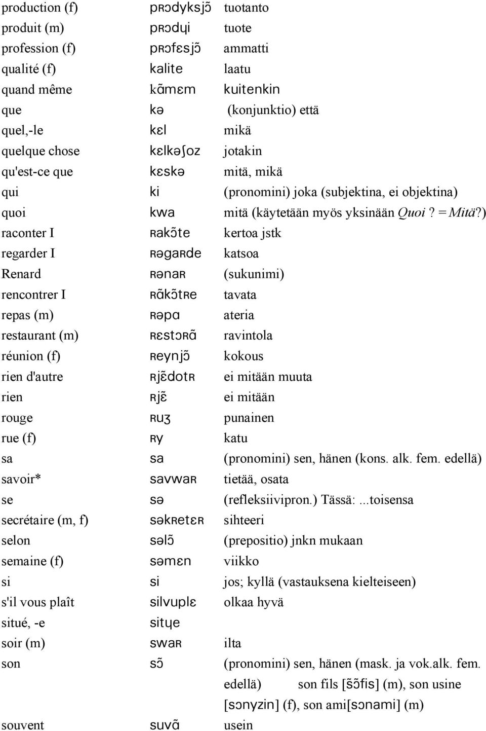 ) raconter I {akç)te kertoa jstk regarder I { ga{de katsoa Renard { na{ (sukunimi) rencontrer I {A)kç)t{e tavata repas (m) { pa ateria restaurant (m) {Estç{A) ravintola réunion (f) {eynjç) kokous