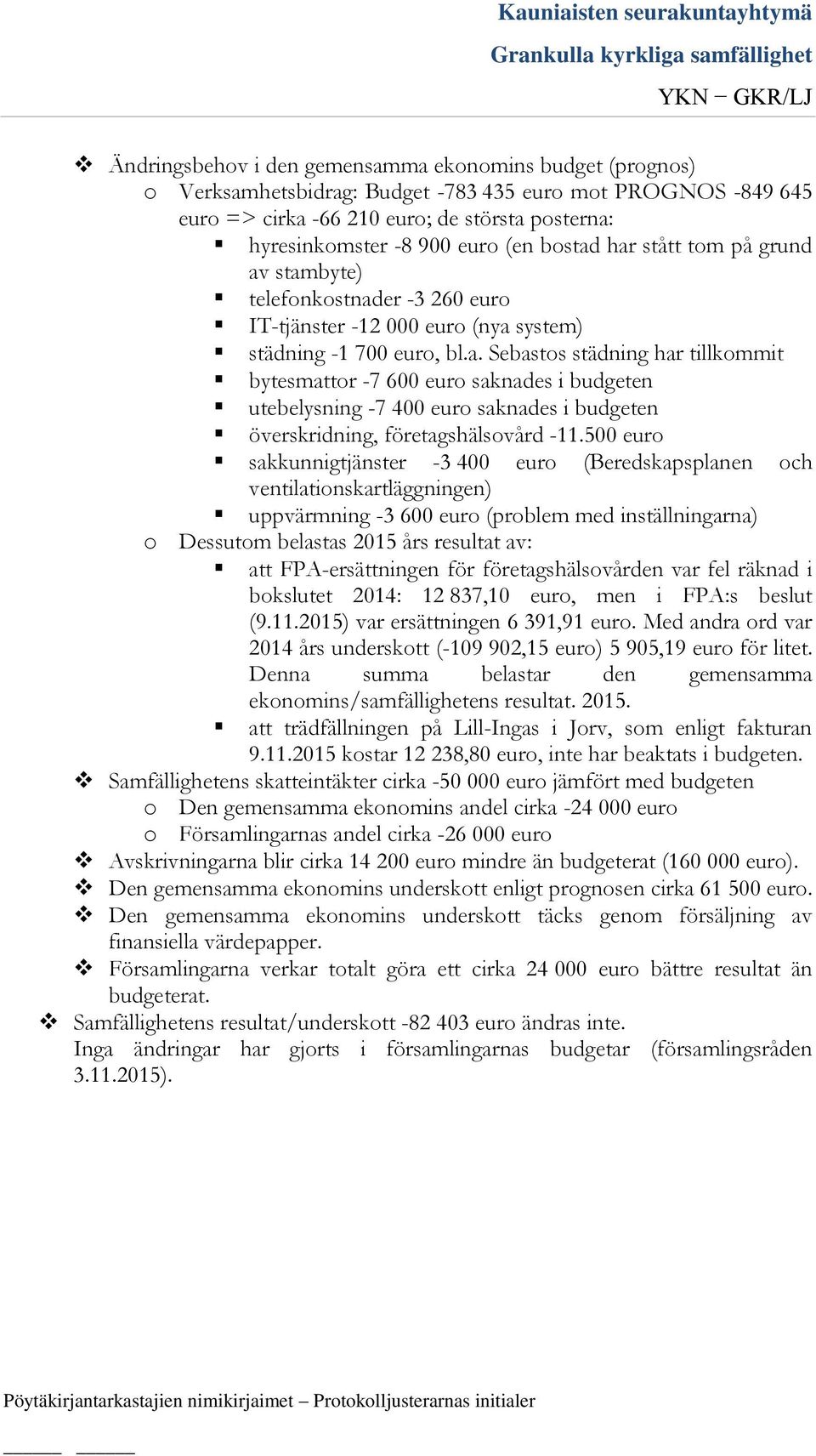 500 euro sakkunnigtjänster -3 400 euro (Beredskapsplanen och ventilationskartläggningen) uppvärmning -3 600 euro (problem med inställningarna) o Dessutom belastas 2015 års resultat av: att