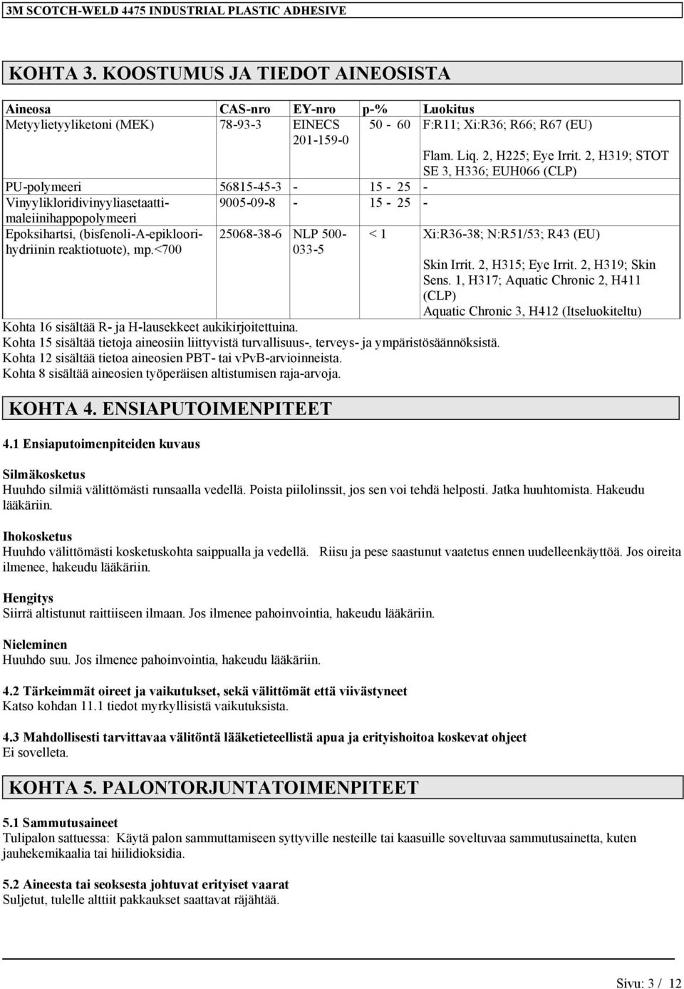 500-033-5 < 1 Xi:R36-38; N:R51/53; R43 (EU) Kohta 16 sisältää R- ja H-lausekkeet aukikirjoitettuina. Kohta 15 sisältää tietoja aineosiin liittyvistä turvallisuus-, terveys- ja ympäristösäännöksistä.