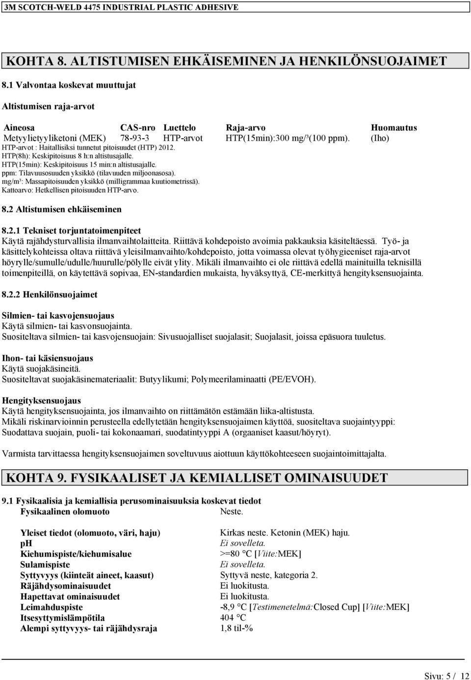 (Iho) HTP-arvot : Haitallisiksi tunnetut pitoisuudet (HTP) 2012. HTP(8h): Keskipitoisuus 8 h:n altistusajalle. HTP(15min): Keskipitoisuus 15 min:n altistusajalle.