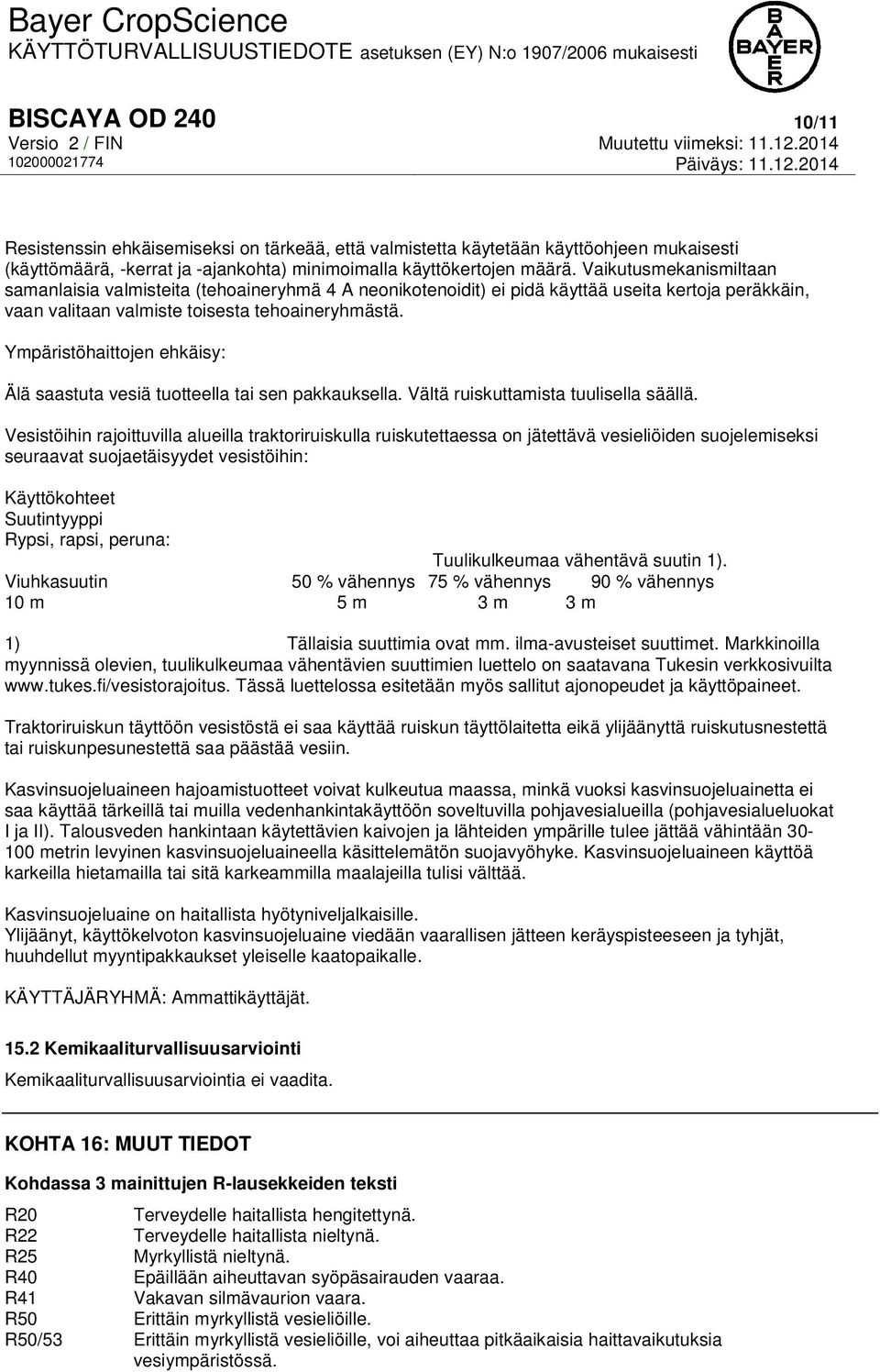 Ympäristöhaittojen ehkäisy: Älä saastuta vesiä tuotteella tai sen pakkauksella. Vältä ruiskuttamista tuulisella säällä.