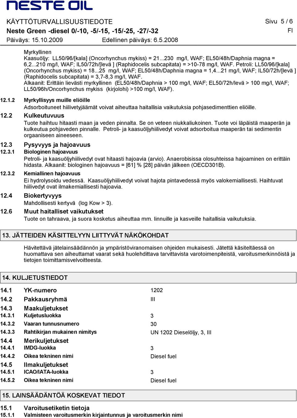 ..21 mg/l, WAF; IL50/72h/[levä ] (Raphidocelis subcapitata) = 3,78,3 mg/l, WAF.