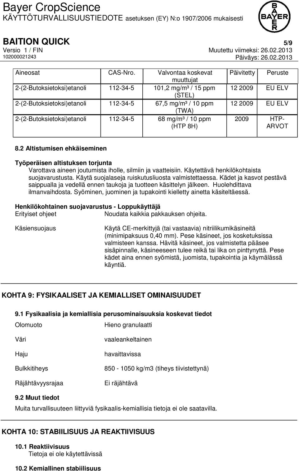 / 10 ppm (HTP 8H) Päivitetty Peruste 12 2009 EU ELV 12 2009 EU ELV 2009 HTP- ARVOT 8.