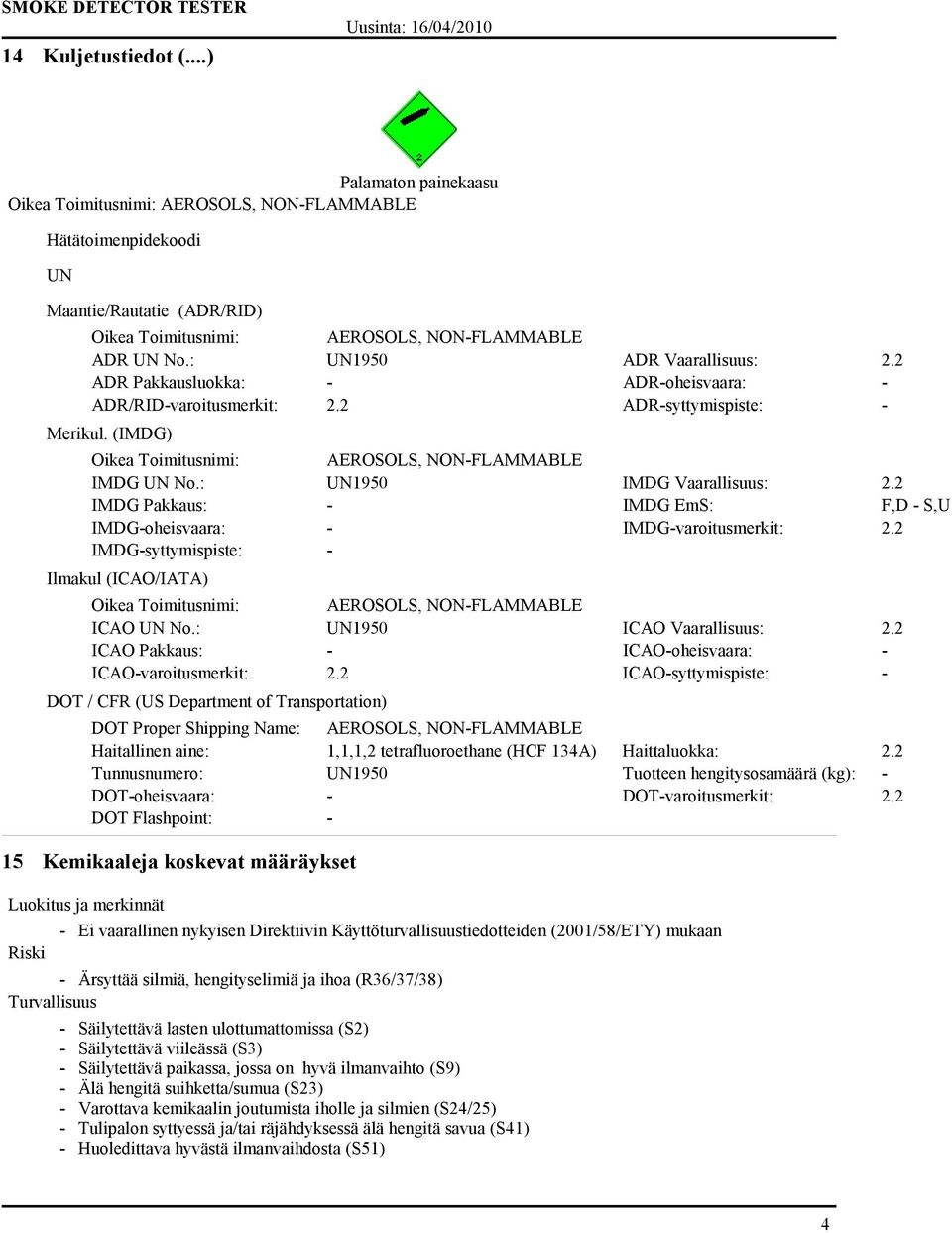 2 IMDG Pakkaus: - IMDG EmS: F,D - S,U IMDG-oheisvaara: - IMDG-varoitusmerkit: 2.2 IMDG-syttymispiste: - Ilmakul (ICAO/IATA) ICAO UN No.: UN1950 ICAO Vaarallisuus: 2.