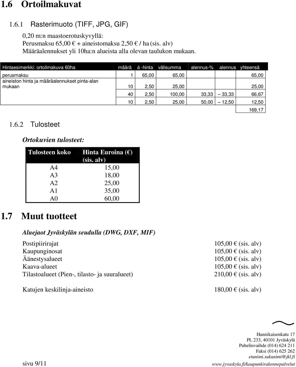 Hintaesimerkki: ortoilmakuva 60ha määrä á -hinta välisumma alennus-% alennus yhteensä perusmaksu 1 65,00 65,00 65,00 aineiston hinta ja määräalennukset pinta-alan mukaan 10 2,50 25,00 25,00 40 2,50