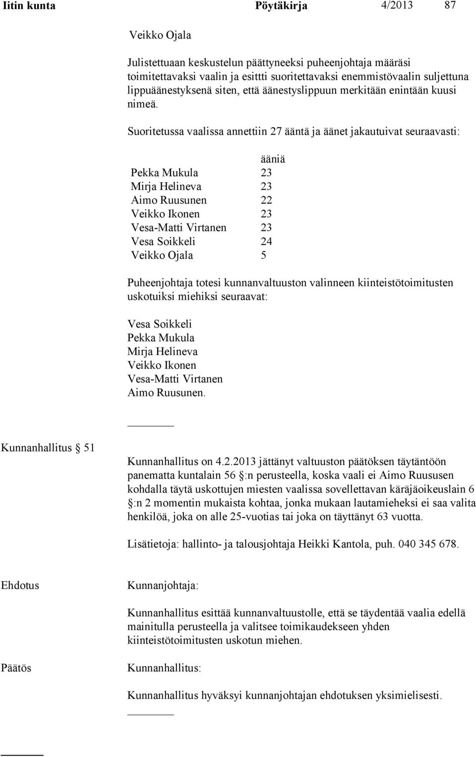 Suoritetussa vaalissa annettiin 27 ääntä ja äänet jakautuivat seuraavasti: ääniä Pekka Mukula 23 Mirja Helineva 23 Aimo Ruusunen 22 Veikko Ikonen 23 Vesa-Matti Virtanen 23 Vesa Soikkeli 24 Veikko