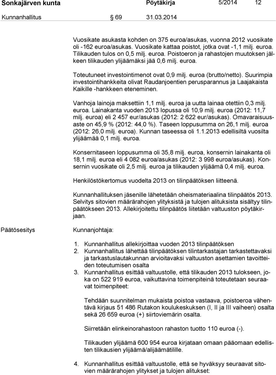 euroa (brutto/netto). Suurimpia in ves toin ti hank kei ta olivat Raudanjoentien perusparannus ja Laajakaista Kai kil le -hankkeen eteneminen. Vanhoja lainoja maksettiin 1,1 milj.