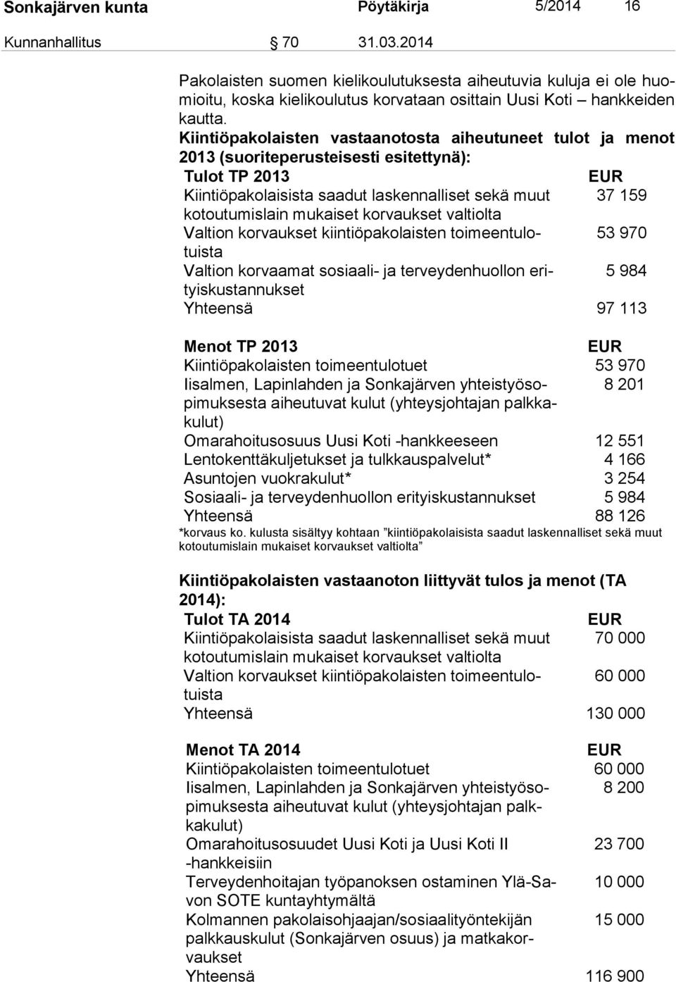 Kiintiöpakolaisten vastaanotosta aiheutuneet tulot ja menot 2013 (suoriteperusteisesti esitettynä): Tulot TP 2013 EUR Kiintiöpakolaisista saadut laskennalliset sekä muut 37 159 ko tou tu mis lain