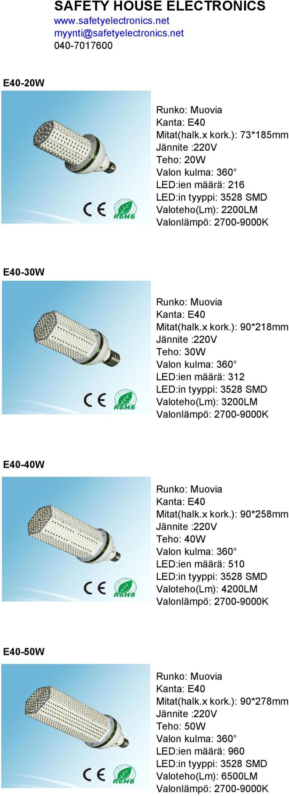 ): 73*185mm Teho: 20W LED:ien määrä: 216 Valoteho(Lm): 2200LM E40-30W Mitat(halk.x kork.