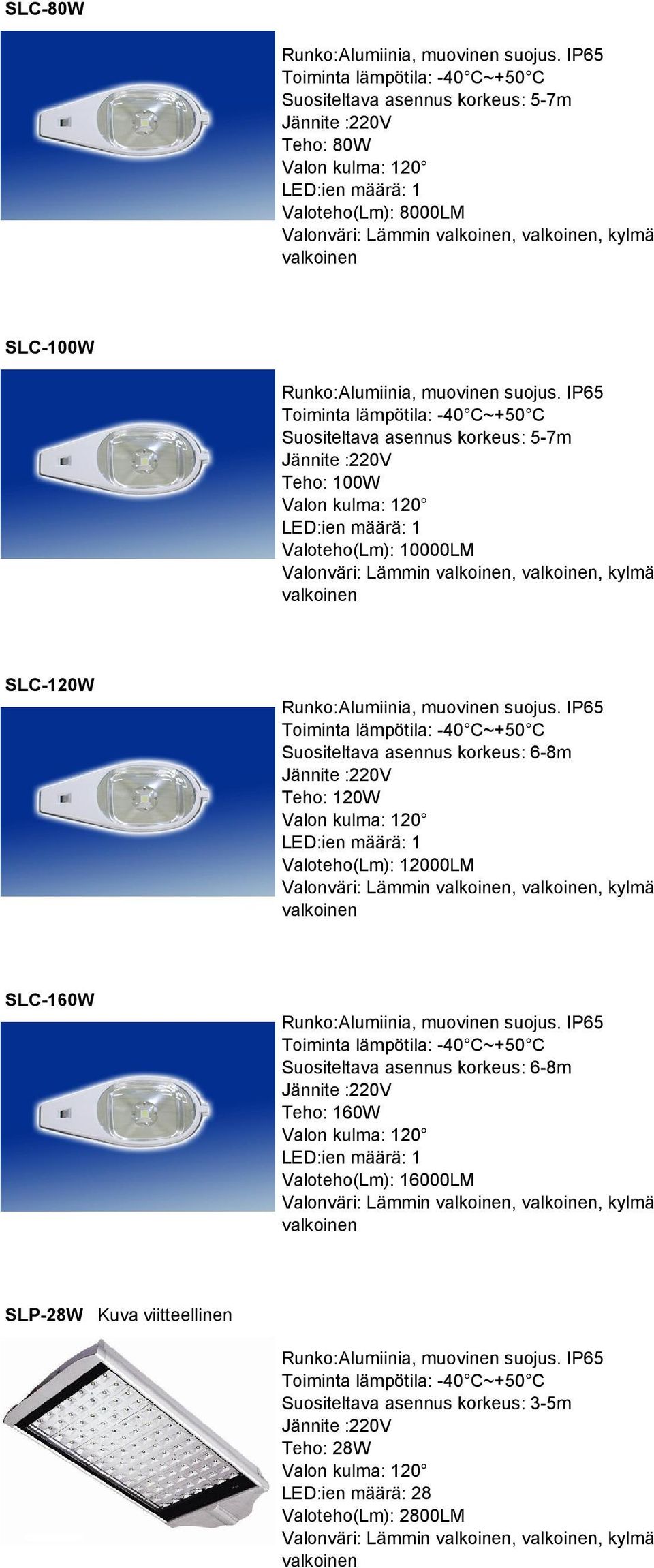 Valoteho(Lm): 12000LM Valonväri: Lämmin,, kylmä SLC-160W Teho: 160W Valoteho(Lm): 16000LM Valonväri: Lämmin,, kylmä