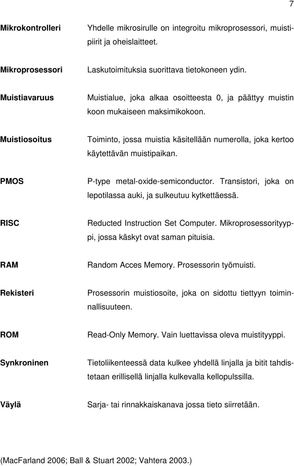 PMOS P-type metal-oxide-semiconductor. Transistori, joka on lepotilassa auki, ja sulkeutuu kytkettäessä. RISC Reducted Instruction Set Computer.