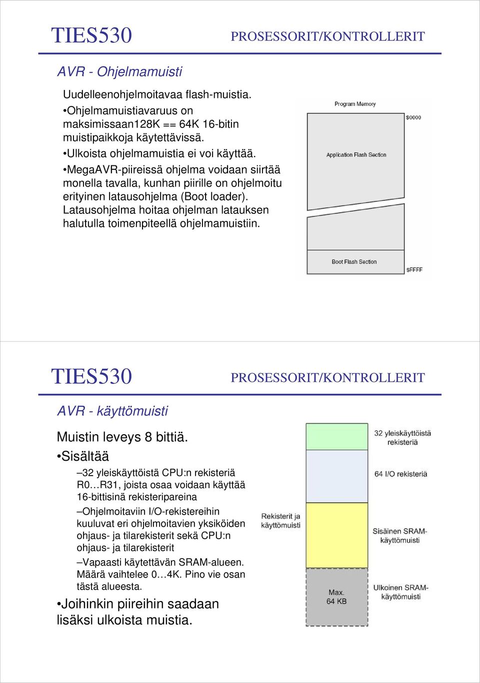 Latausohjelma hoitaa ohjelman latauksen halutulla toimenpiteellä ohjelmamuistiin. PROSESSORIT/KONTROLLERIT AVR - käyttömuisti Muistin leveys 8 bittiä.