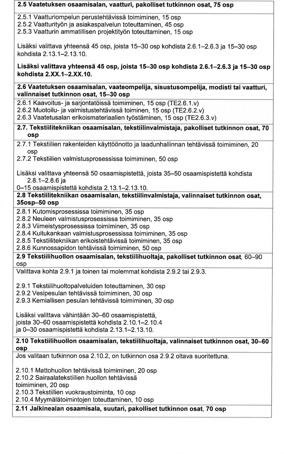 6.l Kvoitus- j srjonttöissä toimiminen, 15 osp (TE2.6.1.v) 2.6.2 Muotoilu- j vlmistustehtävissä toiminen, 15 osp (TE2.6.2.v) 2.6.3 Vtetusln erikoismterilien työstäminen, 1 5 osp (TE2.6.3.v) 2.7.