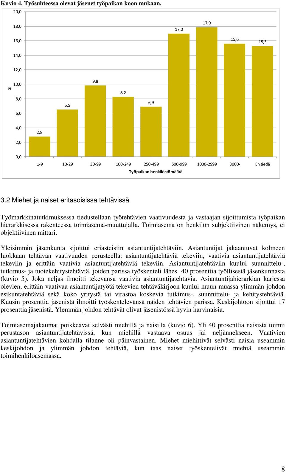 2 Miehet ja naiset eritasoisissa tehtävissä Työmarkkinatutkimuksessa tiedustellaan työtehtävien vaativuudesta ja vastaajan sijoittumista työpaikan hierarkkisessa rakenteessa toimiasema-muuttujalla.