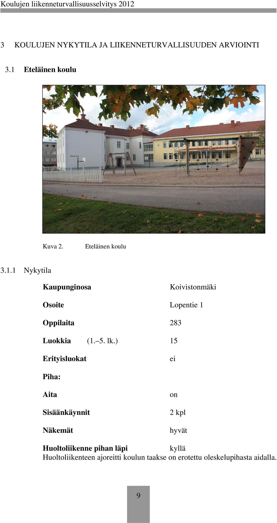 1 Nykytila Kaupunginosa Koivistmäki Osoite Lopentie 1 Oppilaita 283 Luokkia (1. 5. lk.