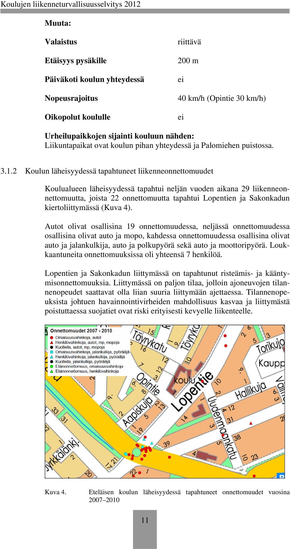 2 Koulun lähsyydessä tapahtuneet liikennenettomuudet Koulualueen lähsyydessä tapahtui neljän vuoden aikana 29 liikennenettomuutta, joista 22 nettomuutta tapahtui Lopentien ja Sakkadun